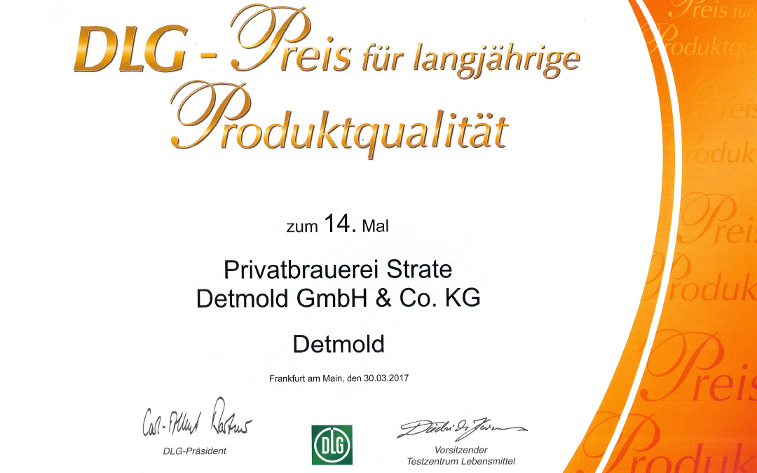 „Preis für langjährige Produktqualität“ der DLG als besondere Auszeichnung für die Privat-Brauerei Strate